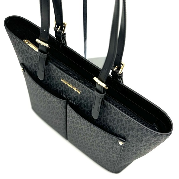 Michael Kors Jet Set Medium Pocket Tote Bag Black Signature - Picture 7 of 10